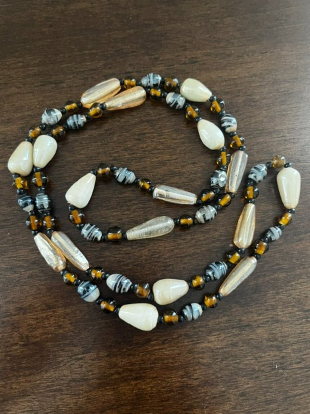 Glass Bead Necklace Neutral Cream Brown Blue Long 38"